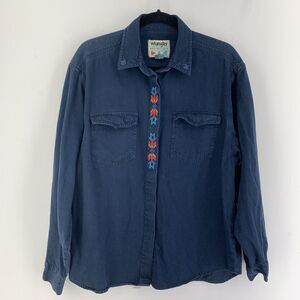 Vintage Wrangler Womens XL Button Up Top Cowgirl Western Embroidered Aztec Blue